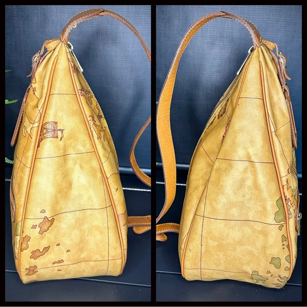 Vintage Alviero Martini 1A Classe Geo Map Coated Canvas Leather Sling Backpack